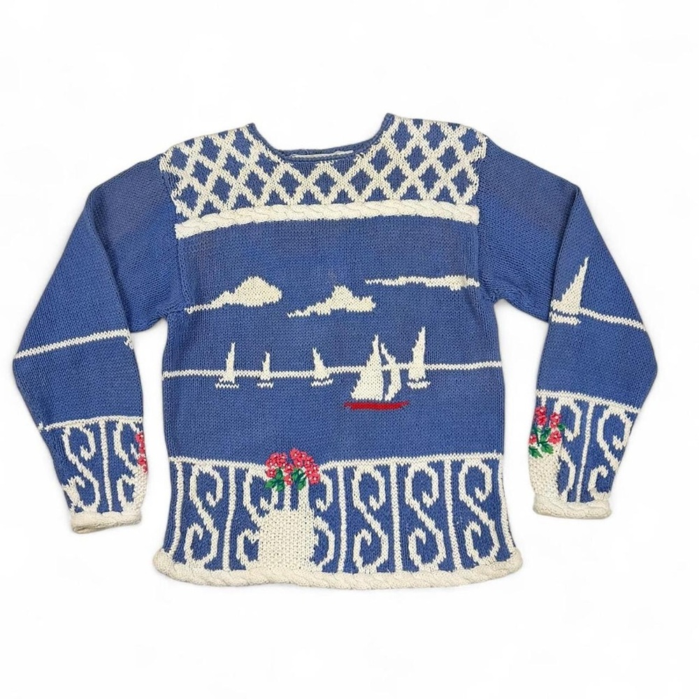 Vintage hand knit nautical scene cotton sweater